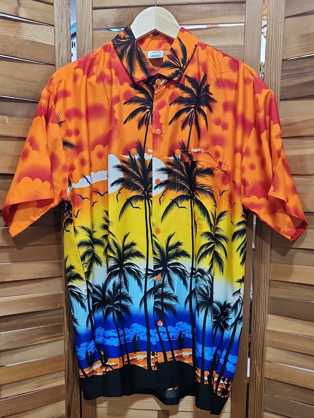 Happy Bay Tropical Palm Short Sleeve Button-Down Shirt Hawaiian Men L Orange Blk